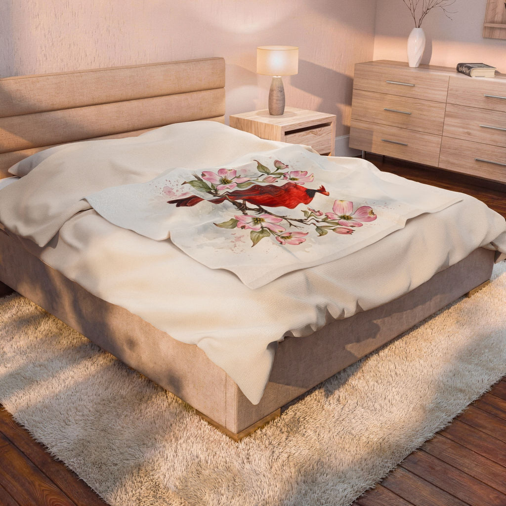 Cardinal on a Spring Branch Velveteen Plush Blanket