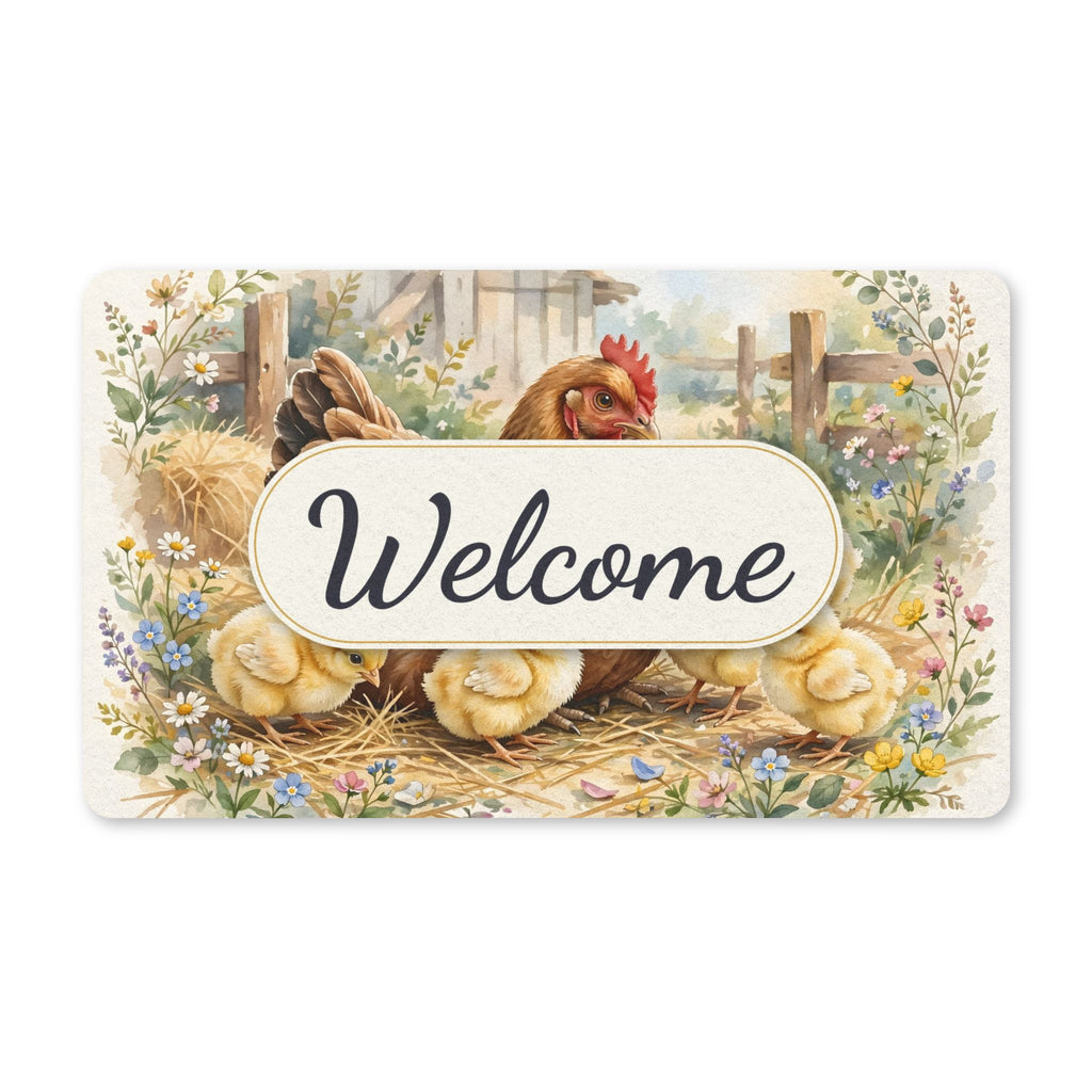 Hen and Chicks in the Barnyard Welcome Doormat