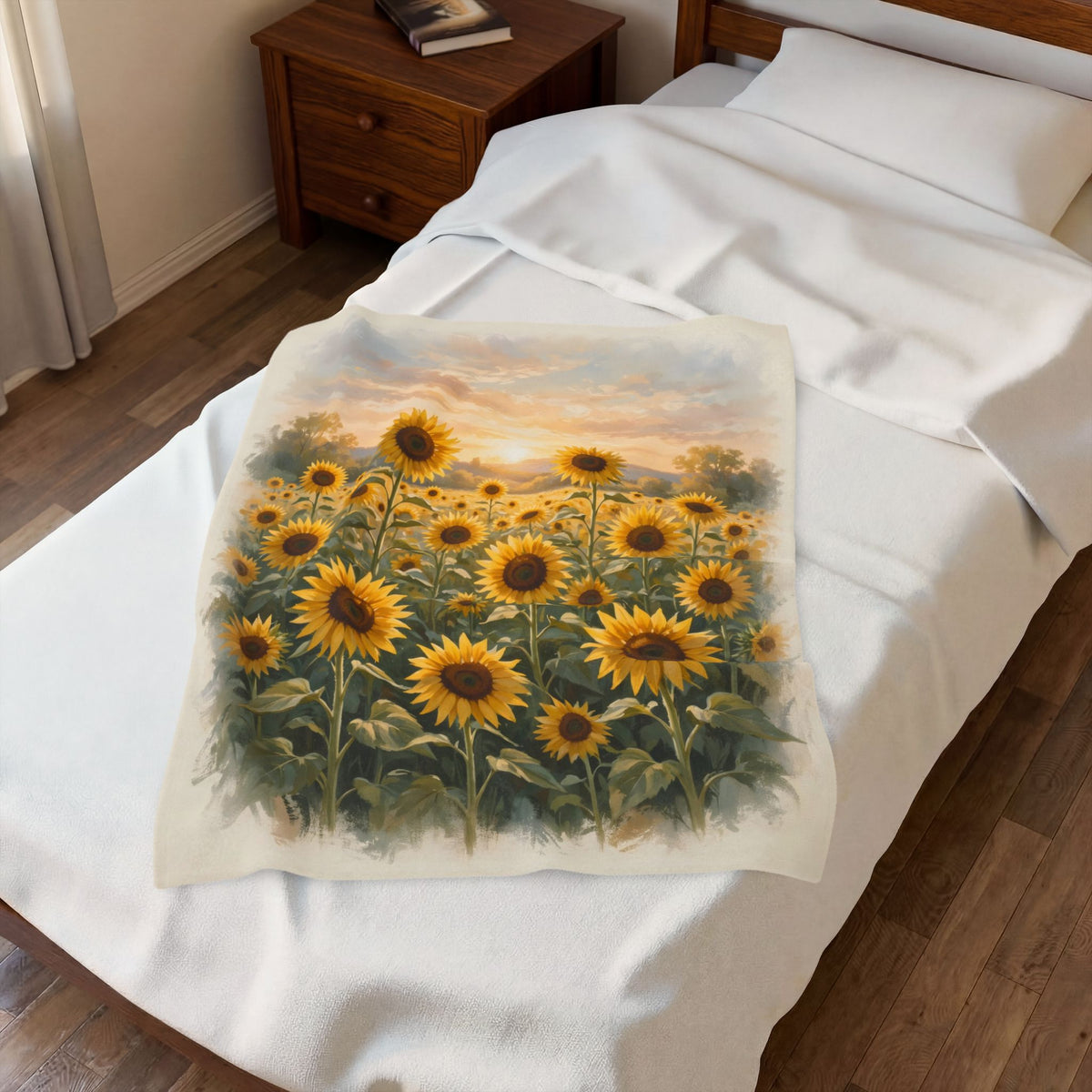 Sunflower Field at Sunset Velveteen Plush Blanket