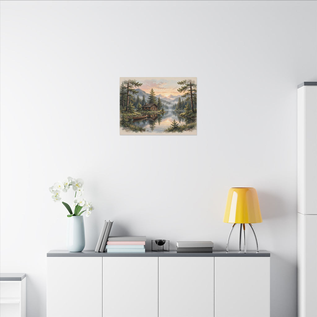 Mountain Cabin by the Lake Canvas Wall Art – Style 2