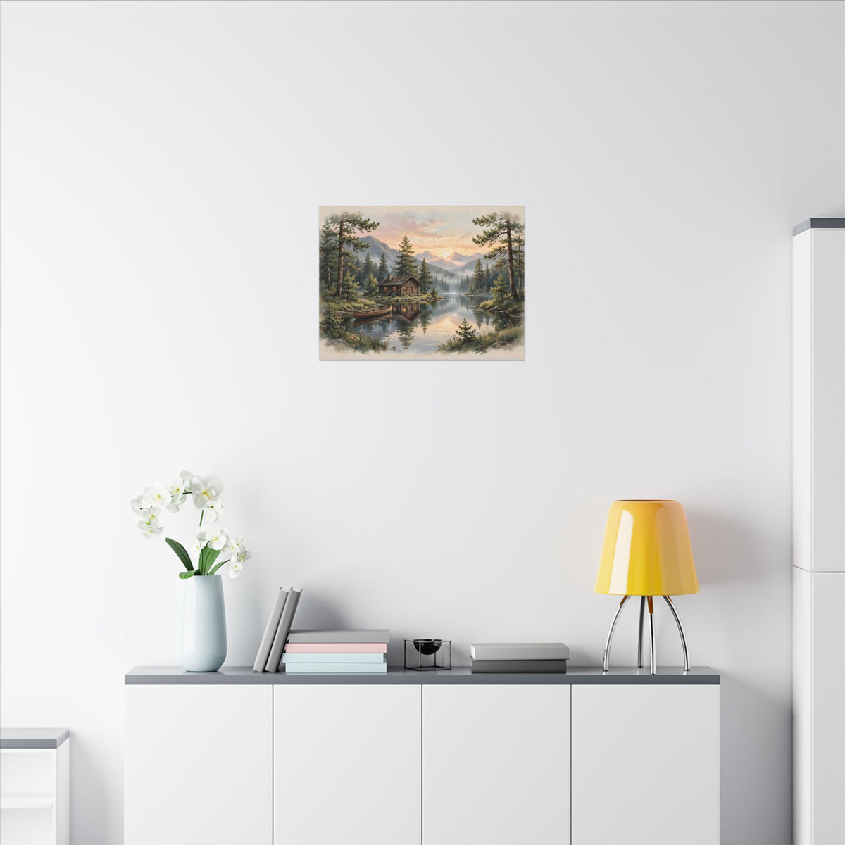 Mountain Cabin by the Lake Canvas Wall Art – Style 2