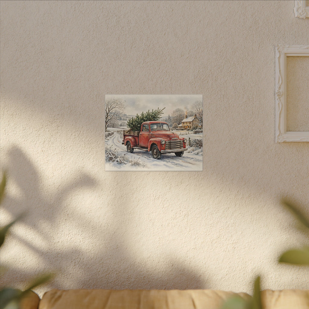 Vintage Red Truck with Christmas Tree Canvas Wall Art