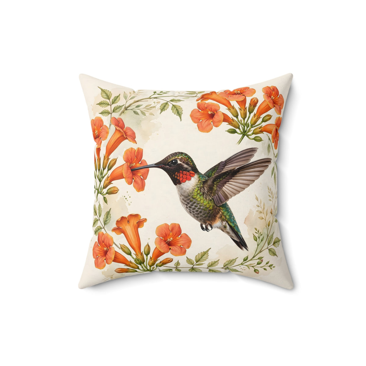 Hummingbird and Trumpet Flowers Throw Pillow