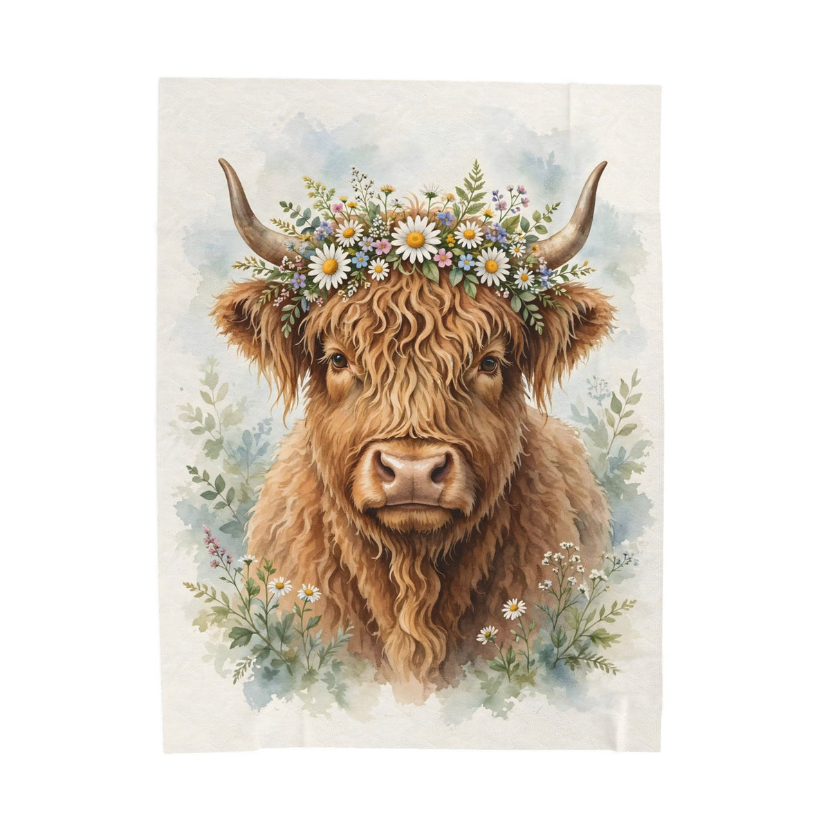 Highland Cow with Flower Crown Velveteen Plush Blanket – Style 2