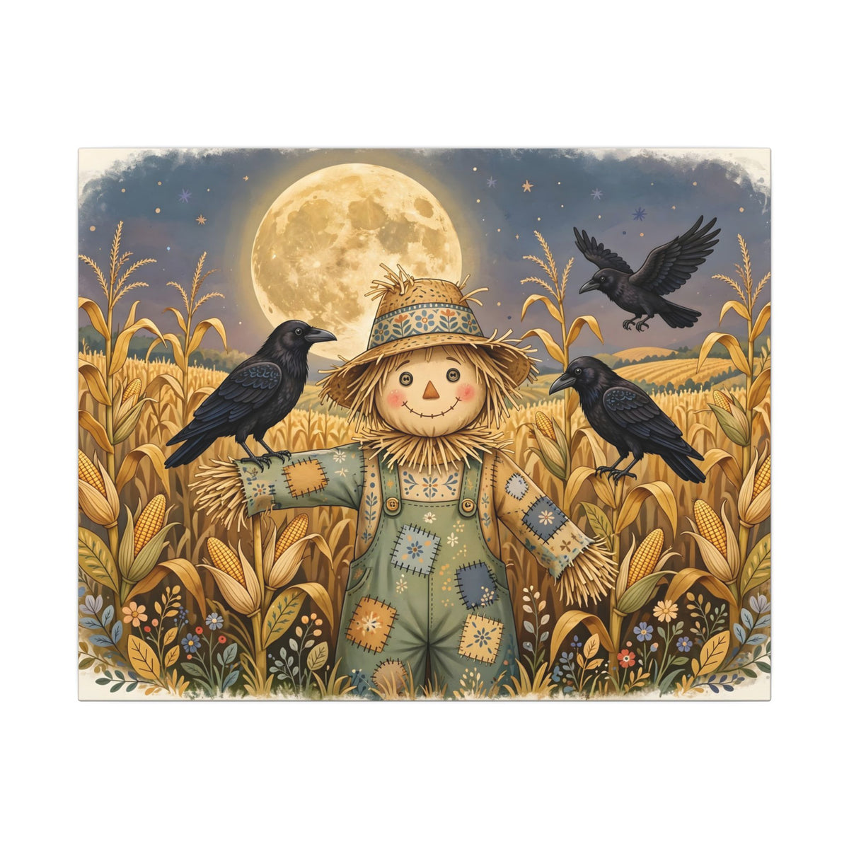 Scarecrow and Crows in the Cornfield Canvas Wall Art