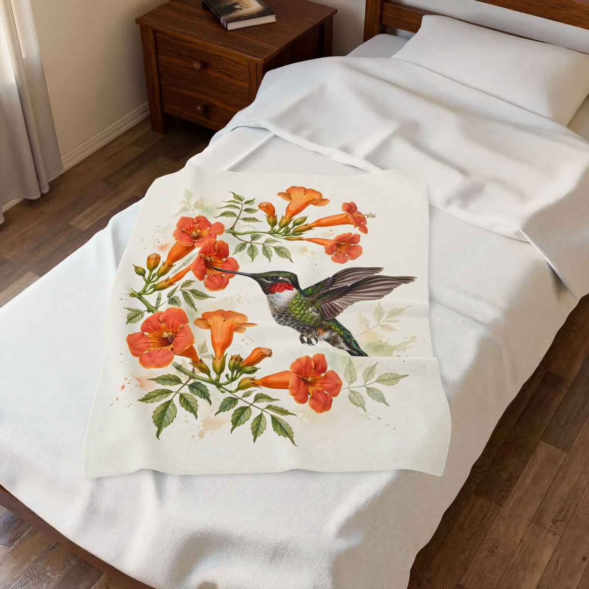 Hummingbird and Trumpet Flowers Velveteen Plush Blanket