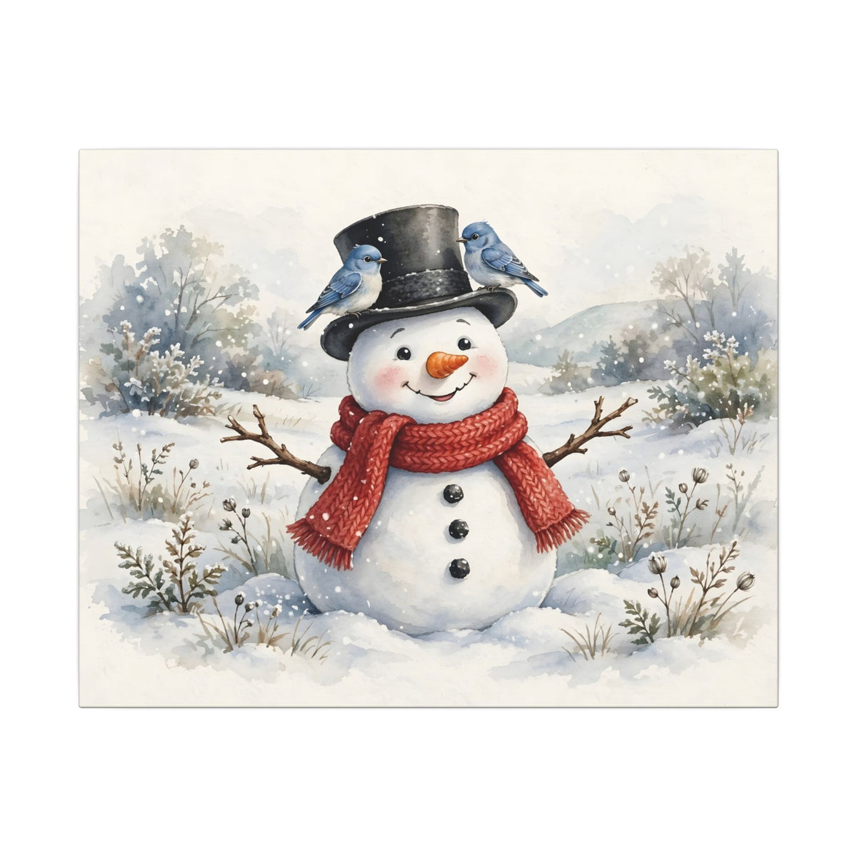 Winter Snowman and Bluebirds Canvas Wall Art