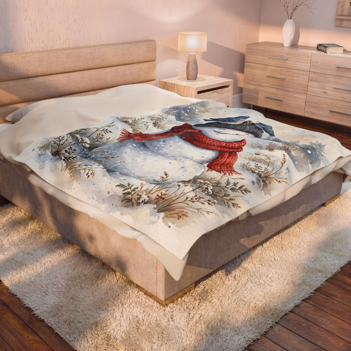 Winter Snowman and Bluebirds Velveteen Plush Blanket