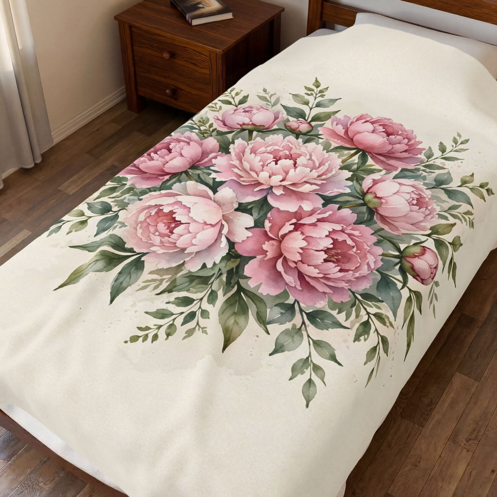 Pink Peonies Watercolor Velveteen Plush Blanket – Style 2