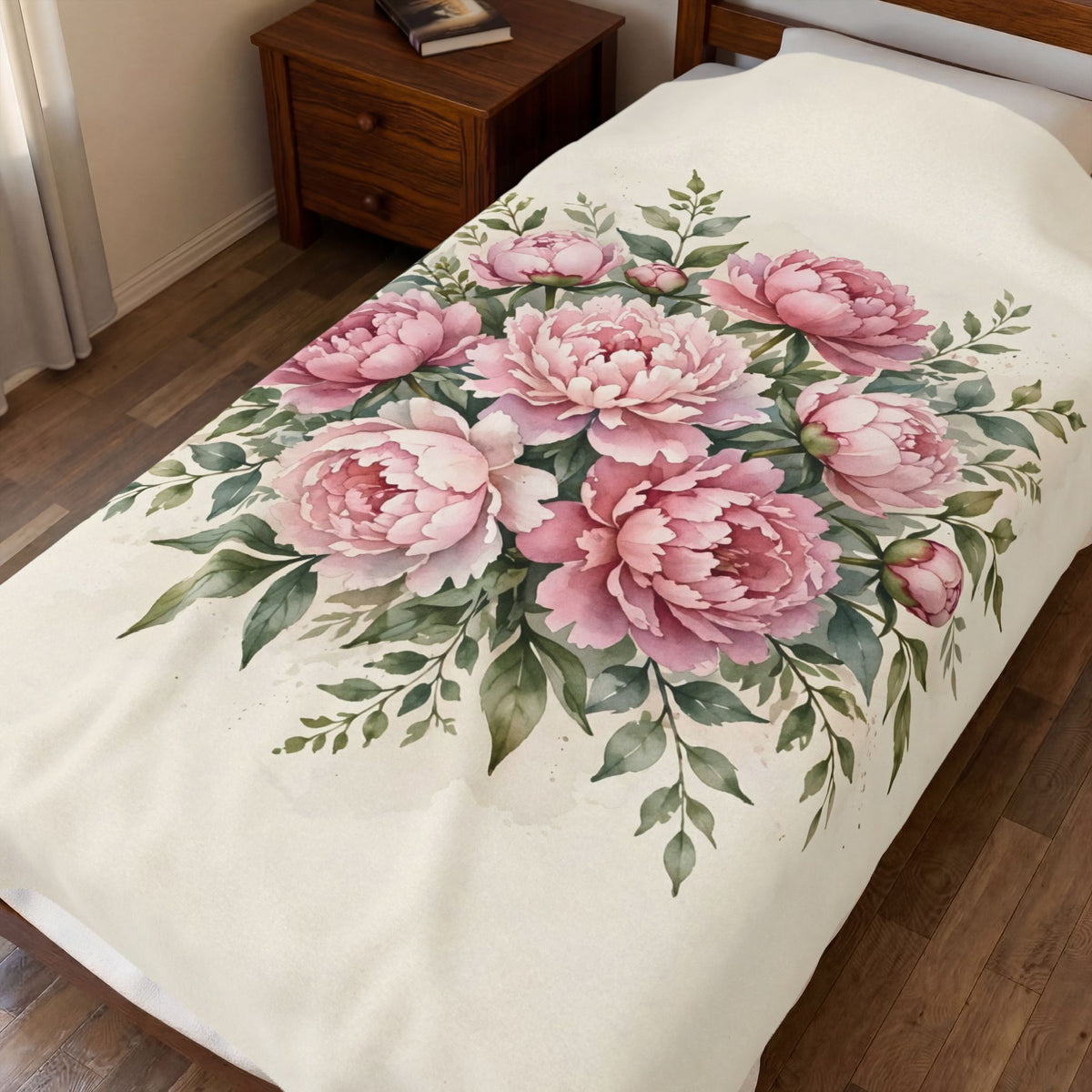 Pink Peonies Watercolor Velveteen Plush Blanket – Style 2