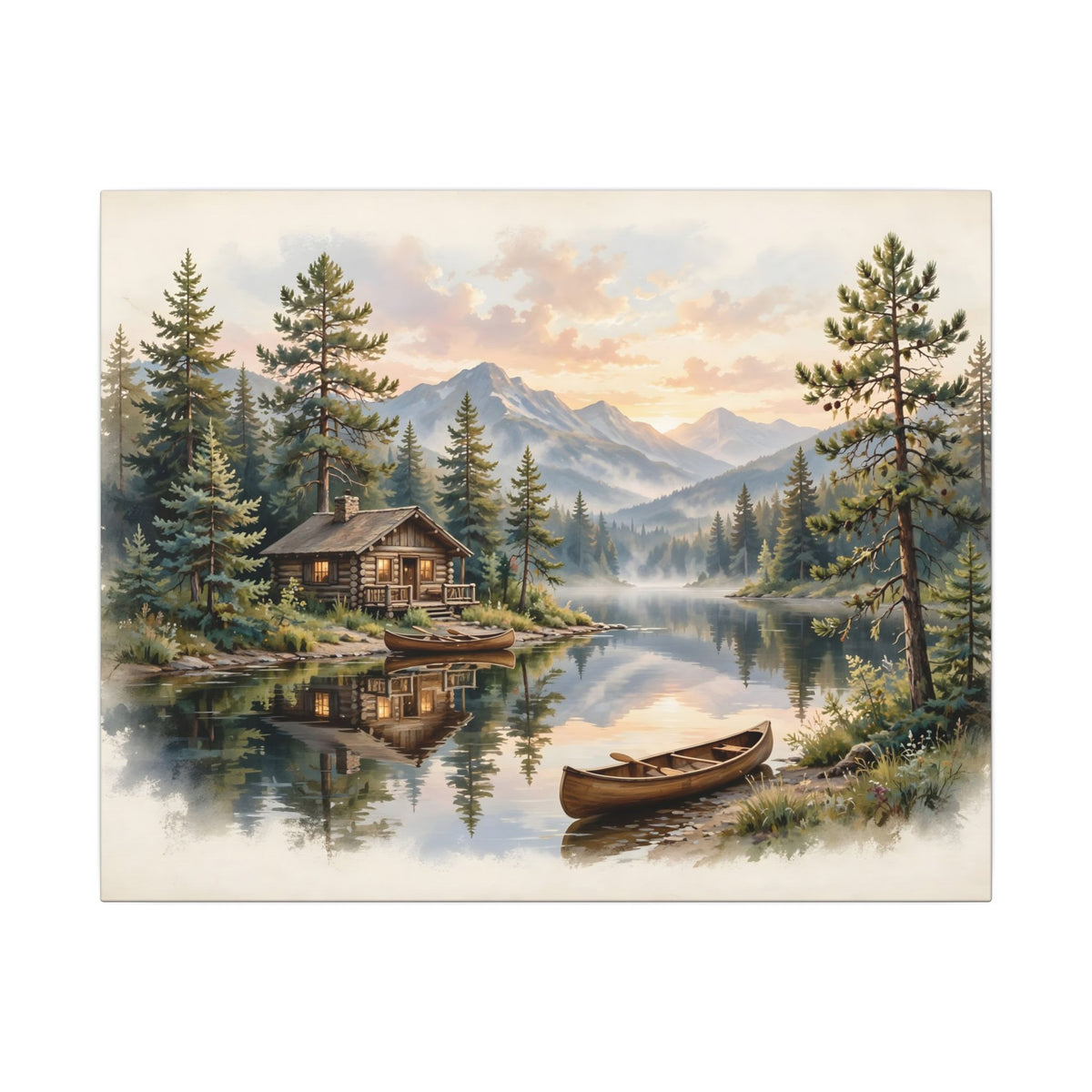 Mountain Cabin by the Lake Canvas Wall Art