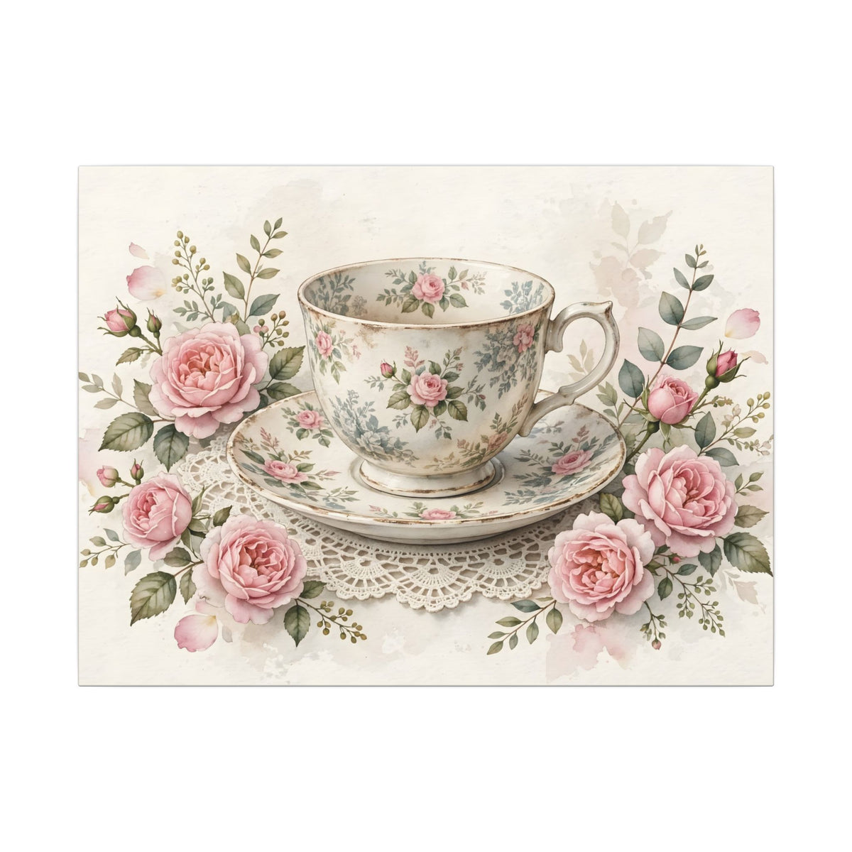 Roses and Vintage Teacup Canvas Wall Art – Style 2