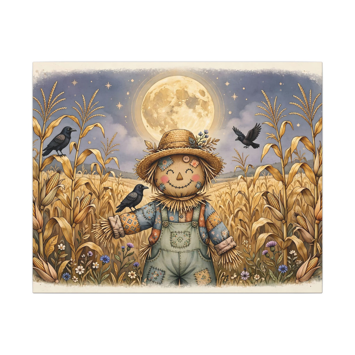 Scarecrow and Crows in the Cornfield Canvas Wall Art – Style 2