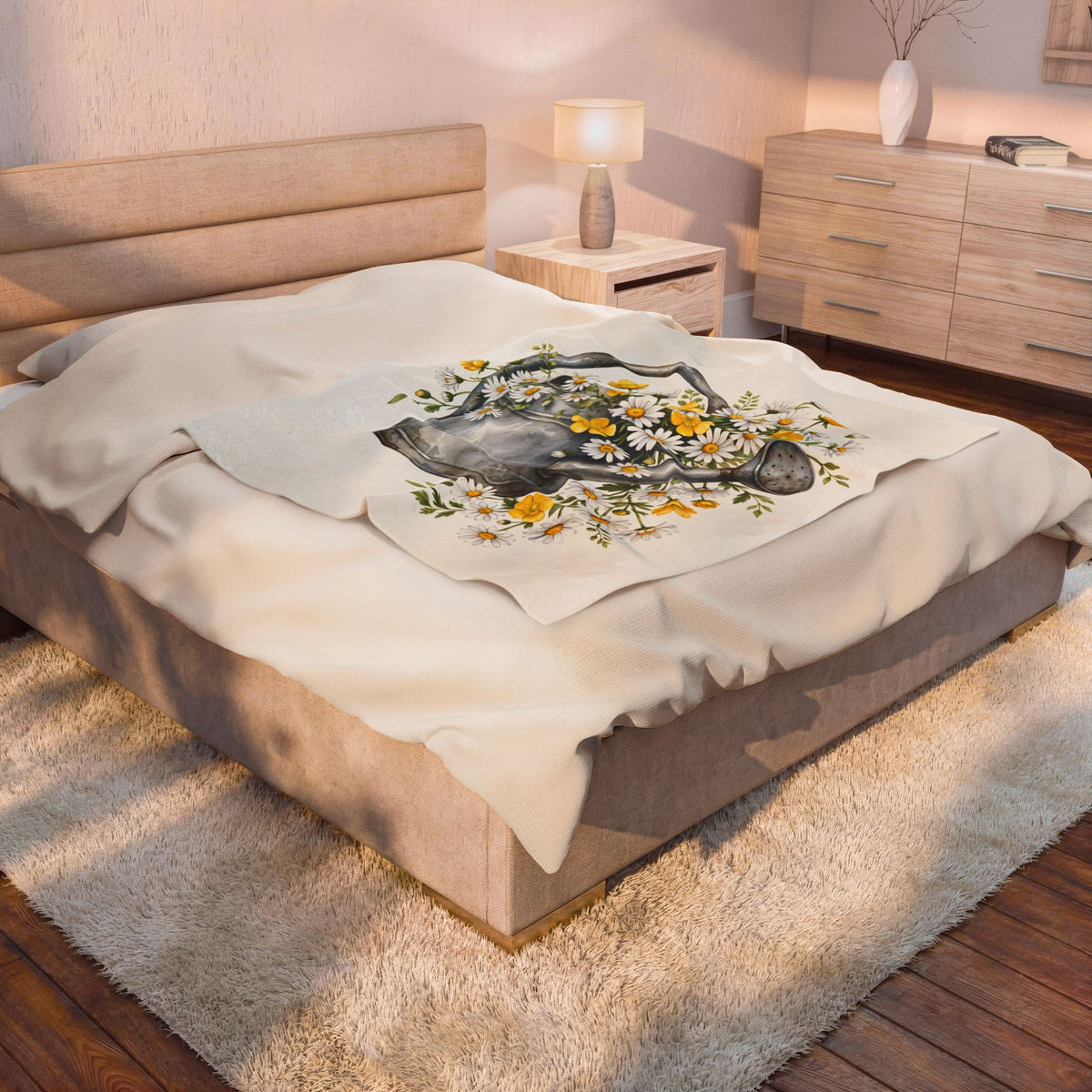 Daisies in a Watering Can Velveteen Plush Blanket