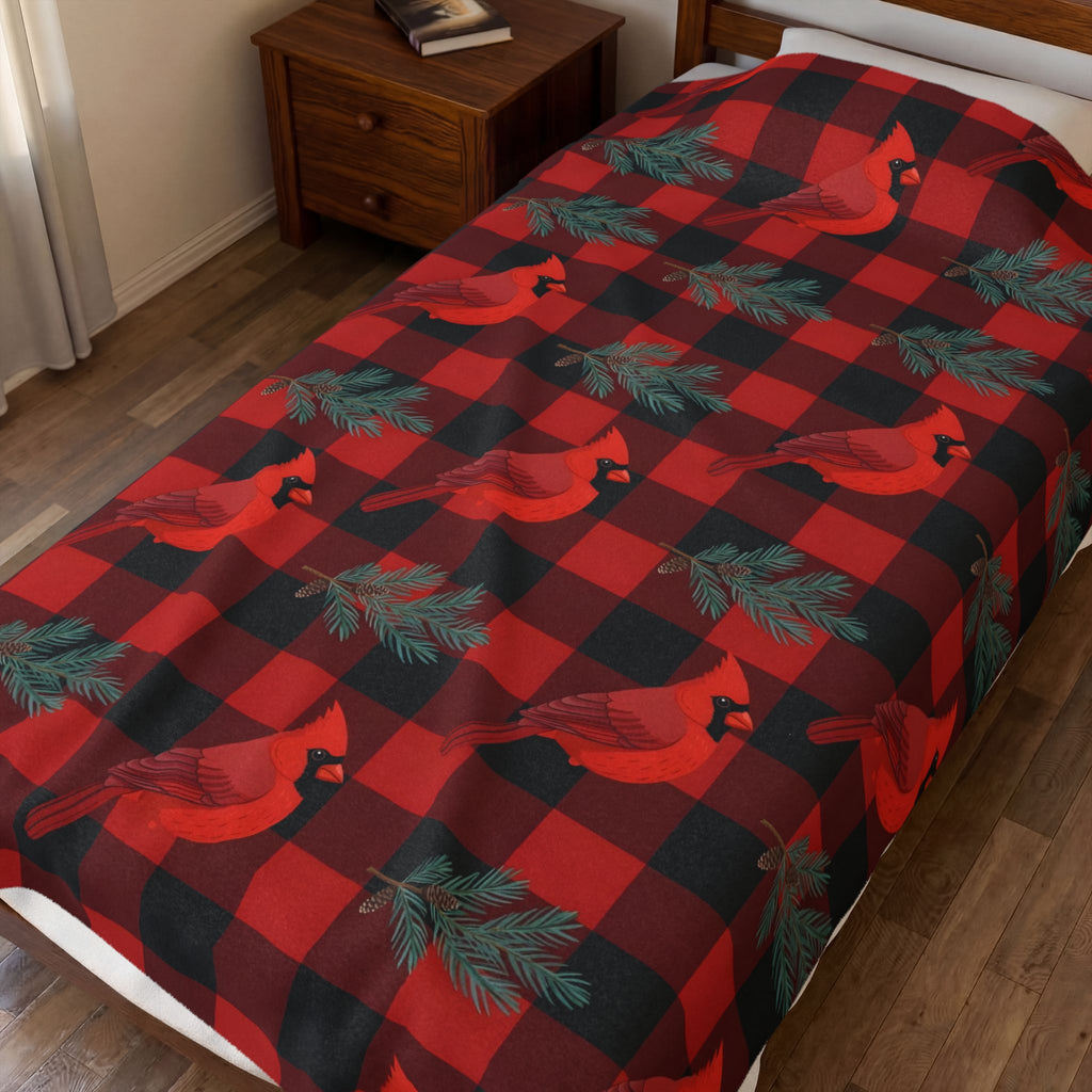 Cardinals and Buffalo Plaid Pattern Velveteen Plush Blanket – Style 2