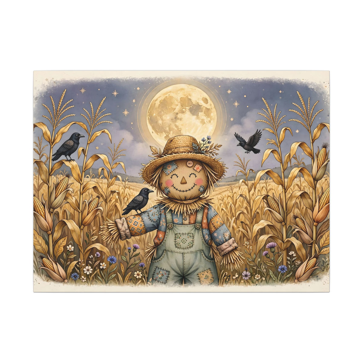 Scarecrow and Crows in the Cornfield Canvas Wall Art – Style 2