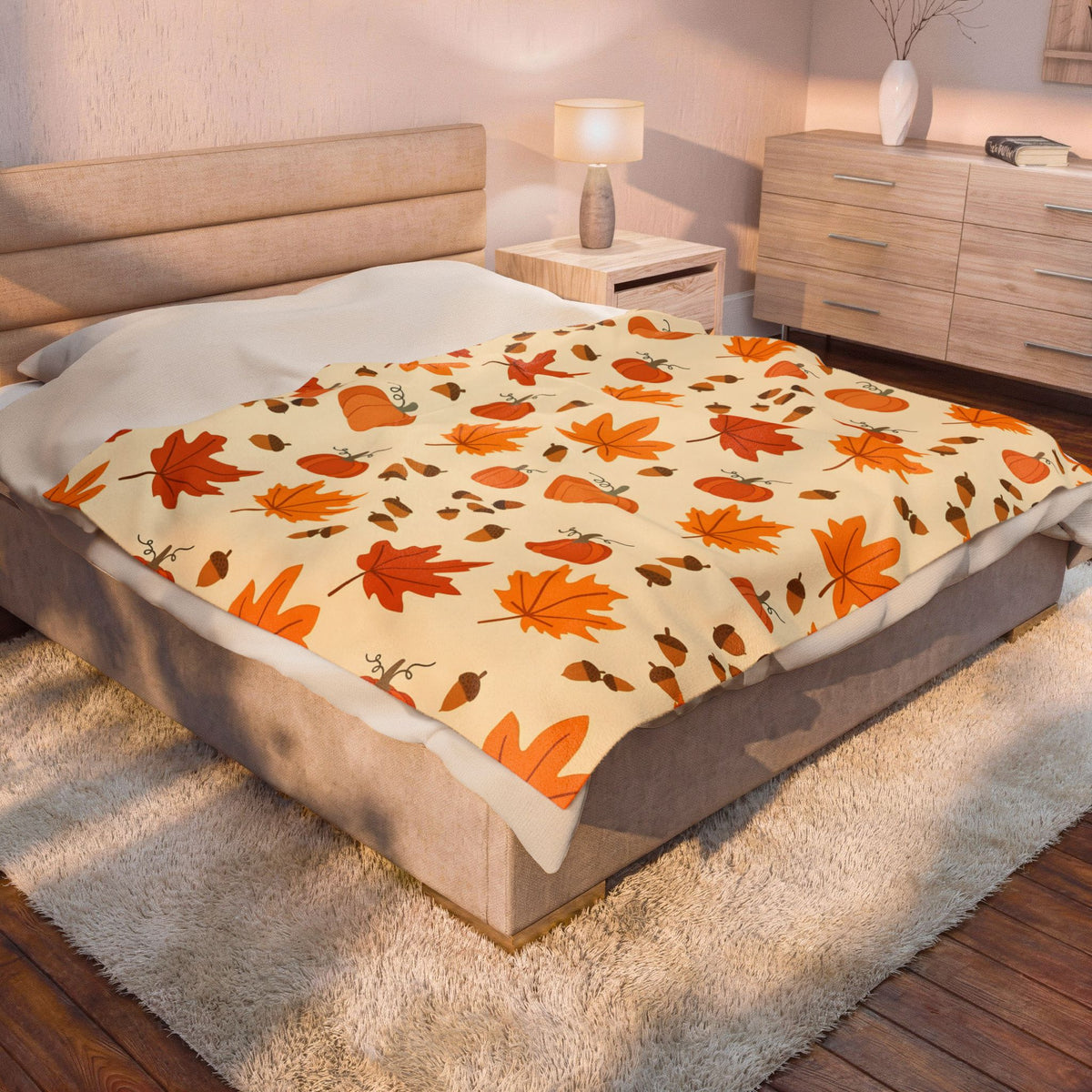 Autumn Leaves and Pumpkins Pattern Velveteen Plush Blanket