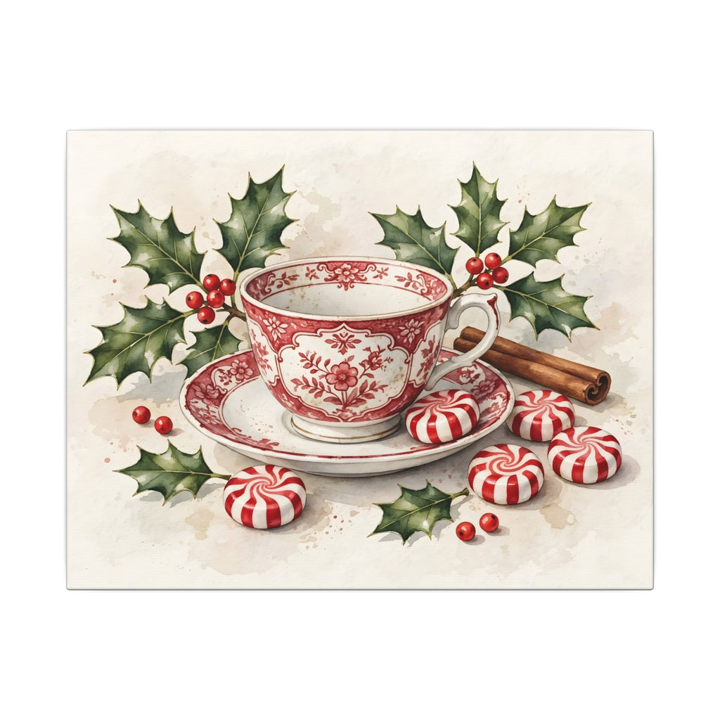 Christmas Teacup with Peppermints Canvas Wall Art