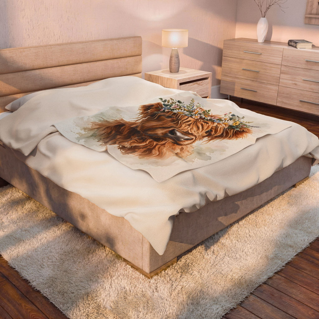 Highland Cow with Flower Crown Velveteen Plush Blanket