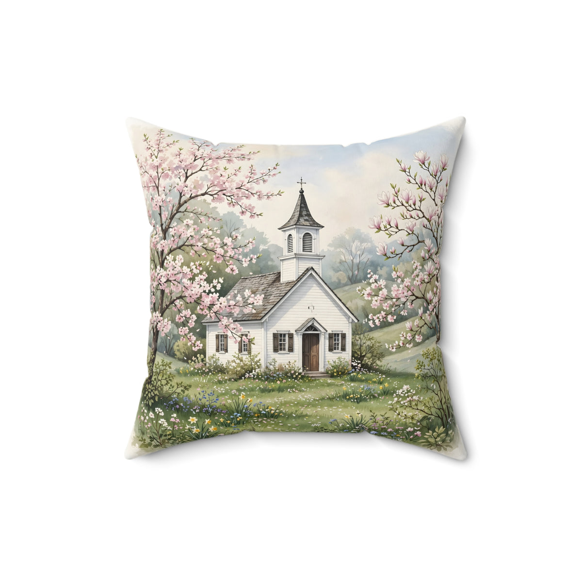 Country Church in Spring Throw Pillow