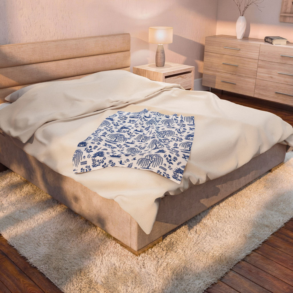 Blue Willow China Pattern Velveteen Plush Blanket