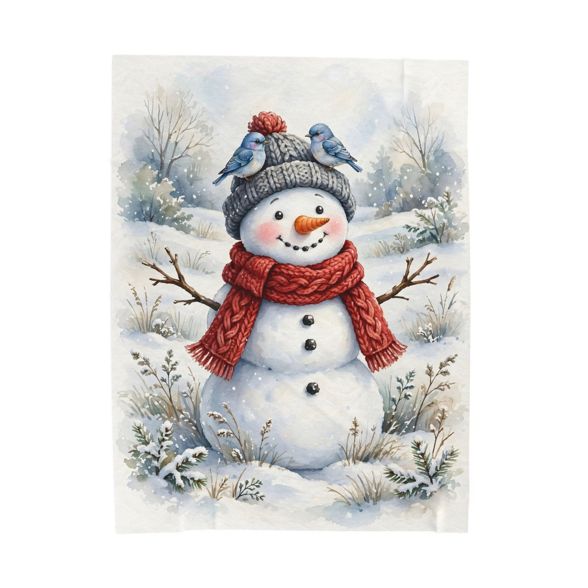 Winter Snowman and Bluebirds Velveteen Plush Blanket – Style 2