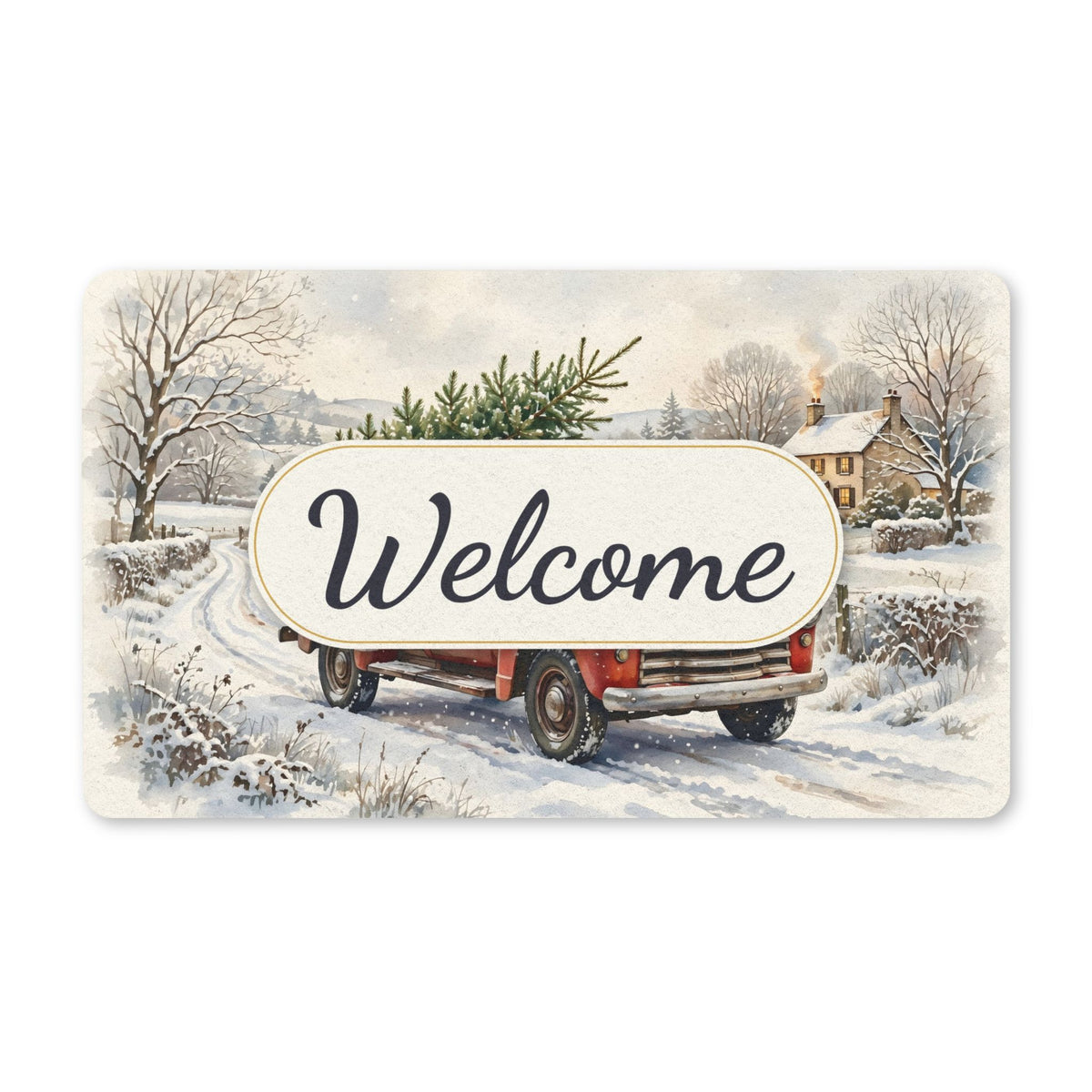 Vintage Red Truck with Christmas Tree Welcome Doormat