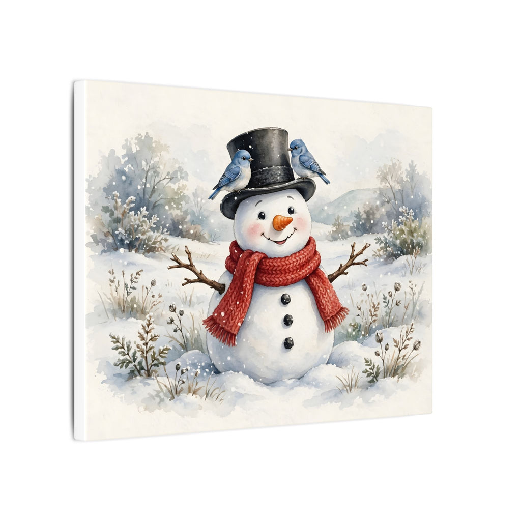 Winter Snowman and Bluebirds Canvas Wall Art