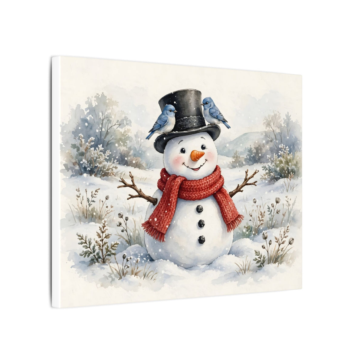 Winter Snowman and Bluebirds Canvas Wall Art
