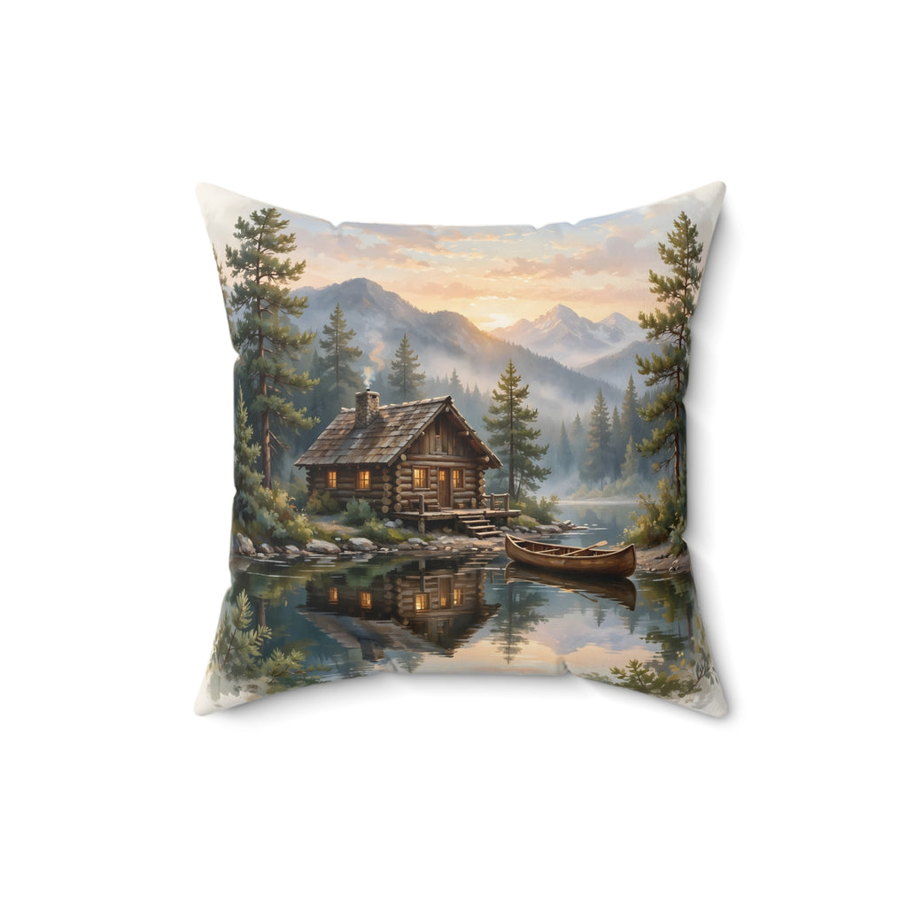 Mountain Cabin by the Lake Throw Pillow