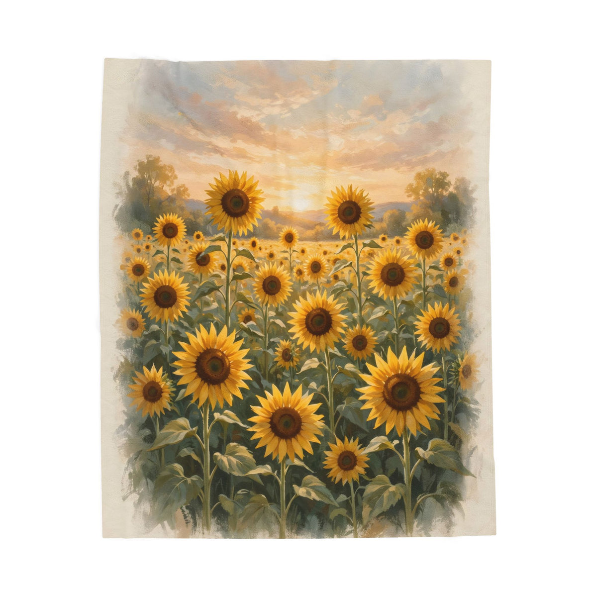 Sunflower Field at Sunset Velveteen Plush Blanket