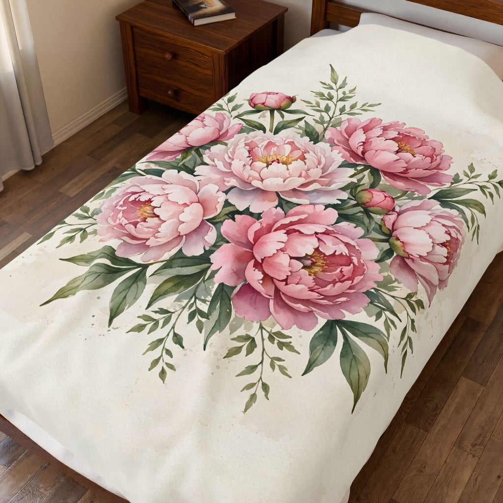 Pink Peonies Watercolor Velveteen Plush Blanket