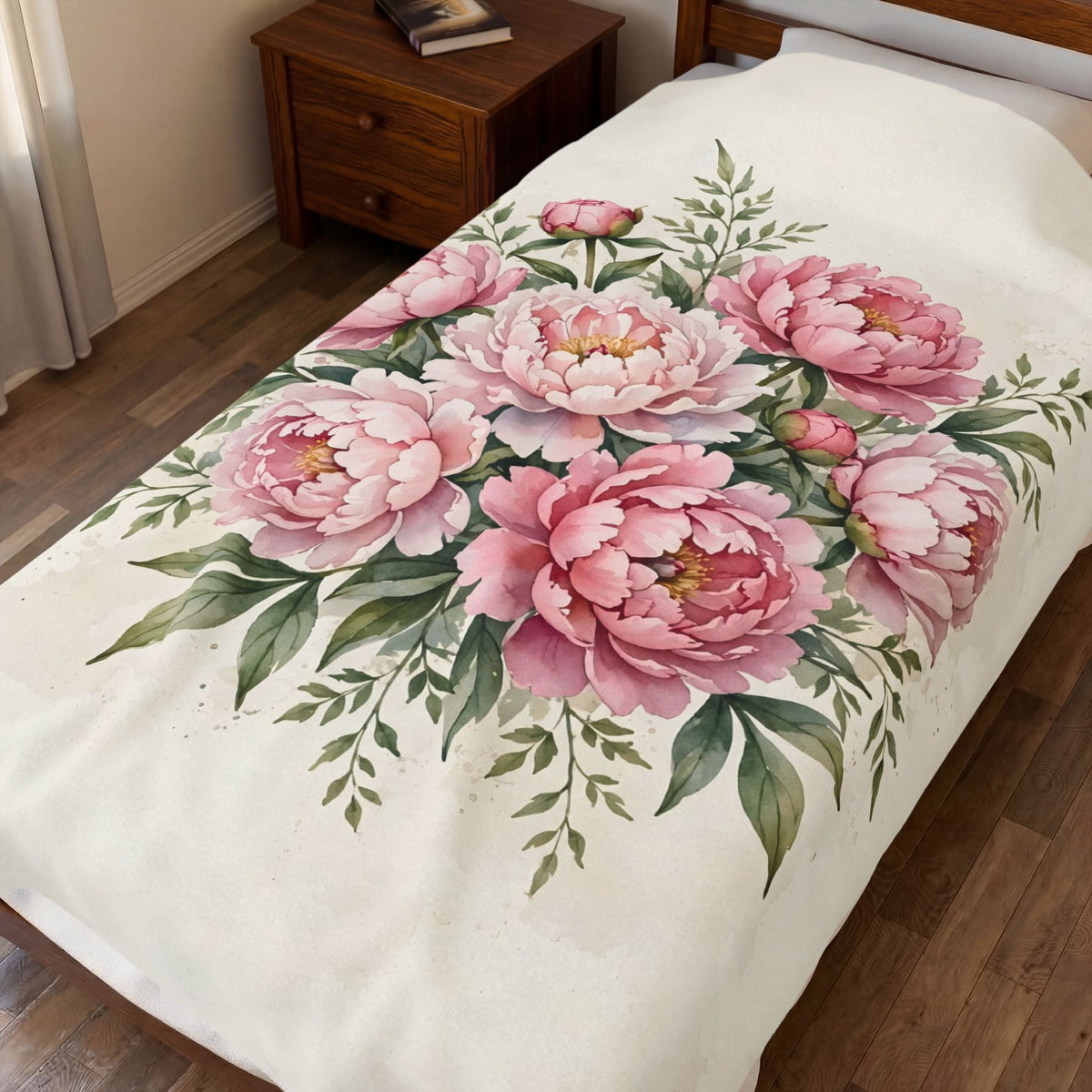 Pink Peonies Watercolor Velveteen Plush Blanket