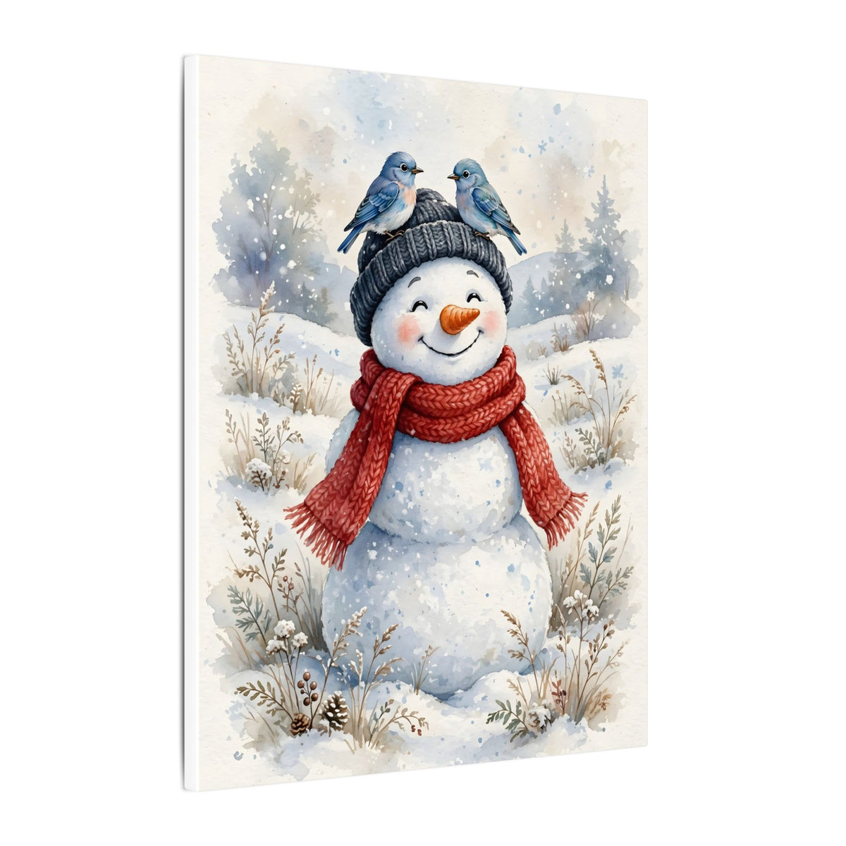 Winter Snowman and Bluebirds Canvas Wall Art – Style 2