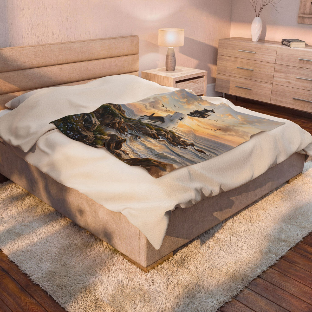 Lighthouse at Golden Hour Velveteen Plush Blanket