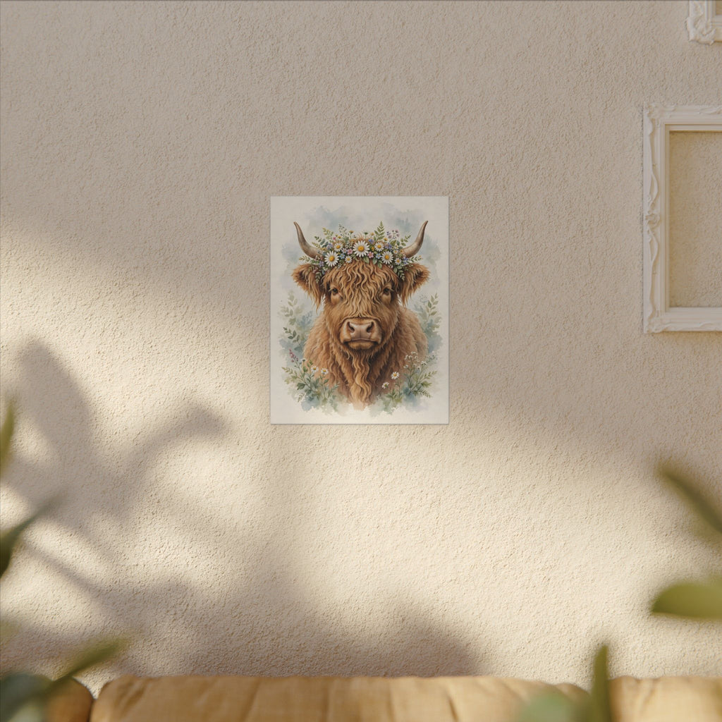 Highland Cow with Flower Crown Canvas Wall Art – Style 2