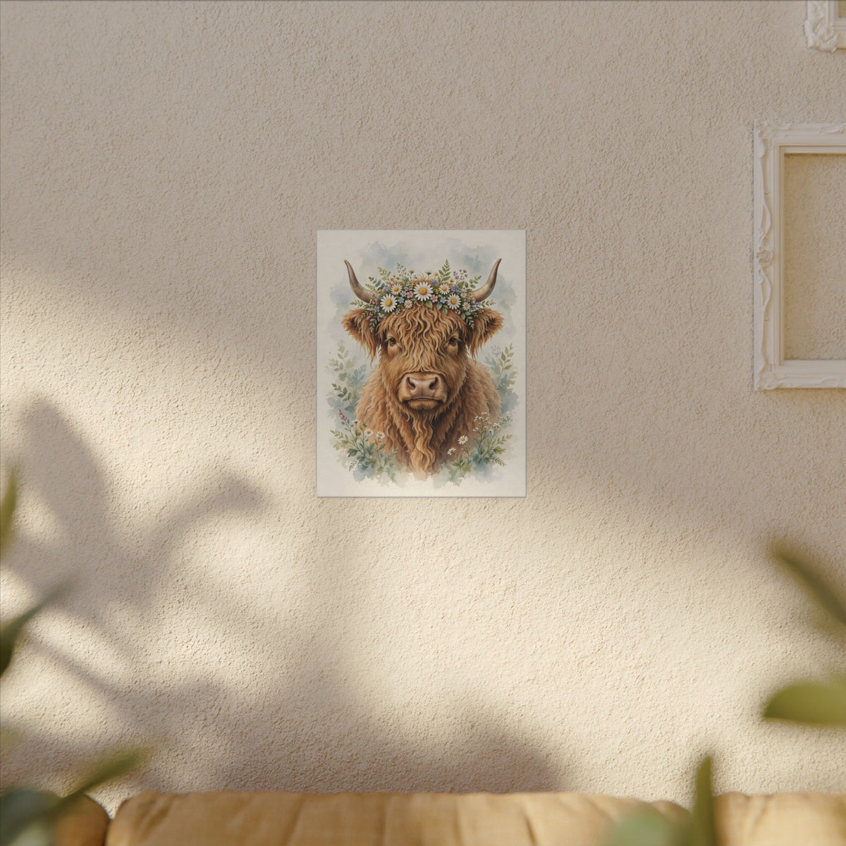 Highland Cow with Flower Crown Canvas Wall Art – Style 2