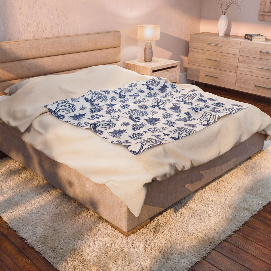 Blue Willow China Pattern Velveteen Plush Blanket – Style 2
