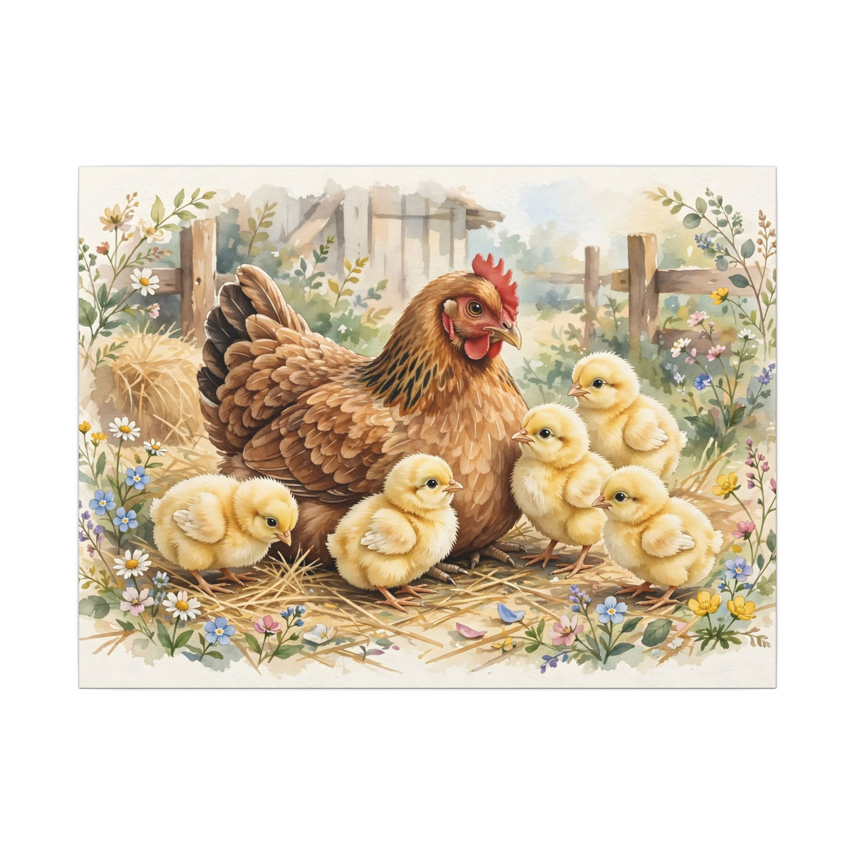 Hen and Chicks in the Barnyard Canvas Wall Art