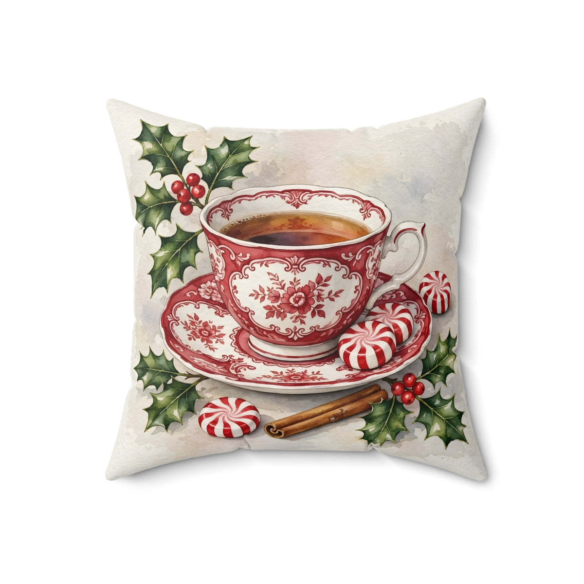 Christmas Teacup with Peppermints Throw Pillow