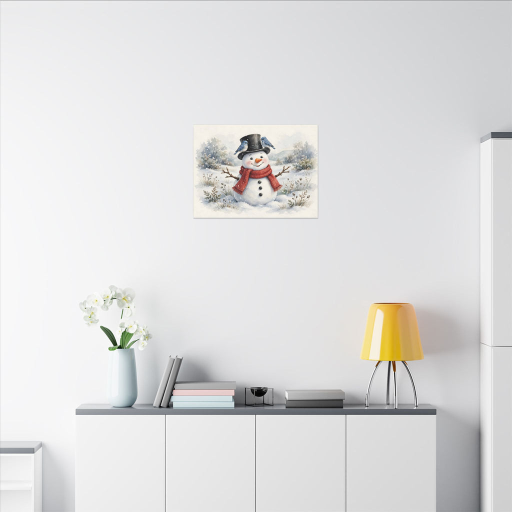 Winter Snowman and Bluebirds Canvas Wall Art
