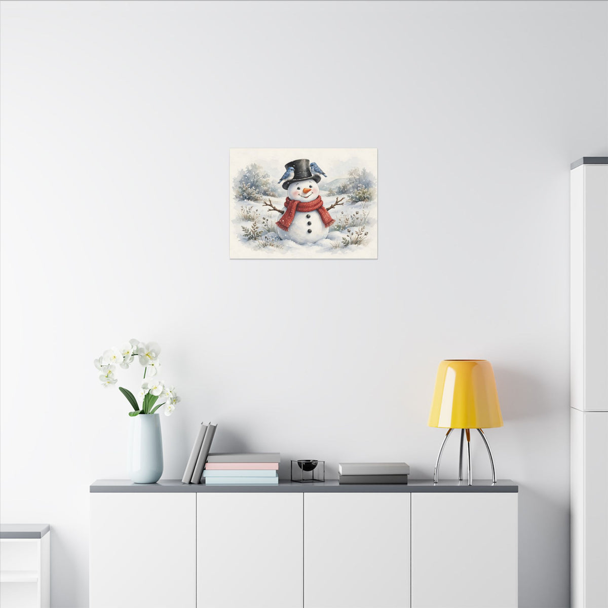 Winter Snowman and Bluebirds Canvas Wall Art