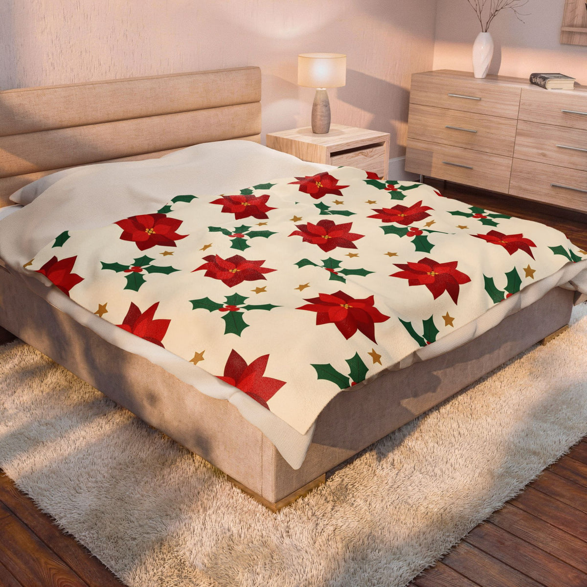 Christmas Poinsettia Pattern Velveteen Plush Blanket