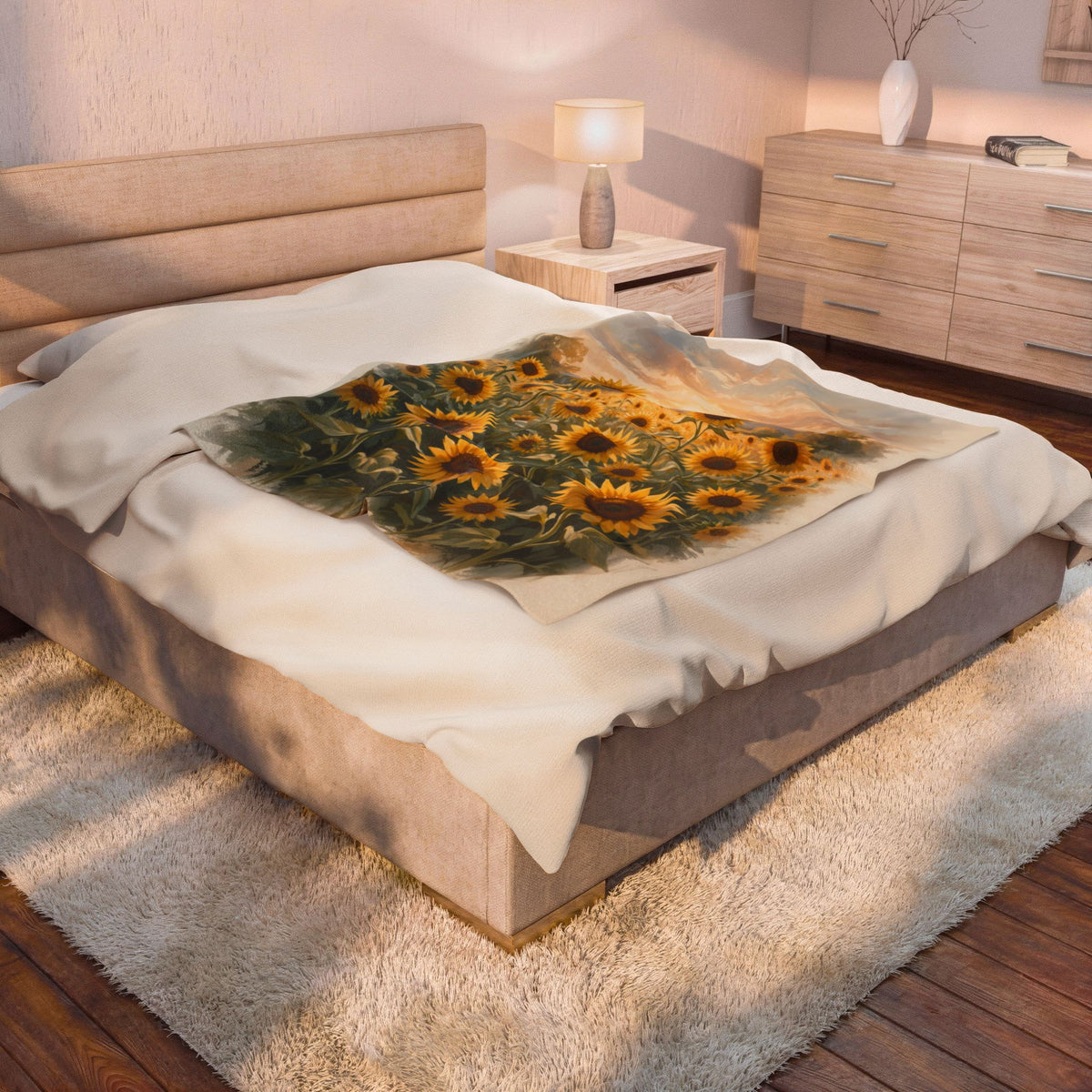 Sunflower Field at Sunset Velveteen Plush Blanket