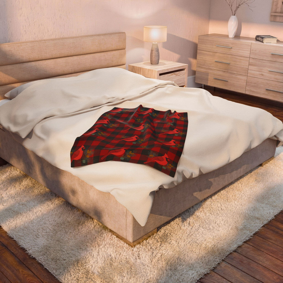 Cardinals and Buffalo Plaid Pattern Velveteen Plush Blanket