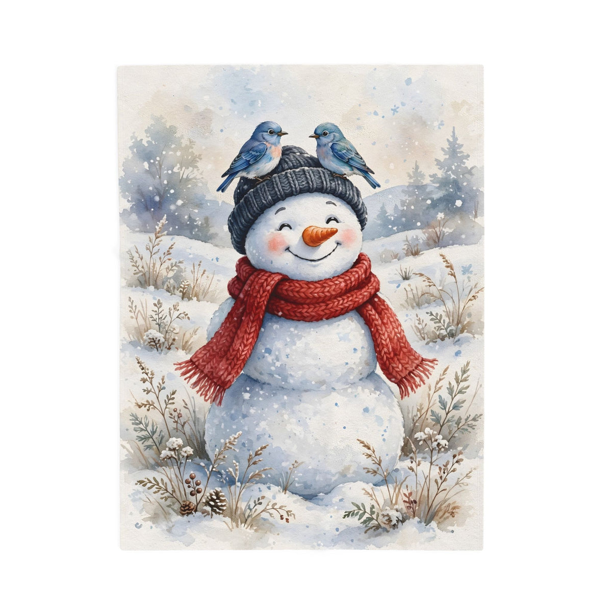 Winter Snowman and Bluebirds Velveteen Plush Blanket