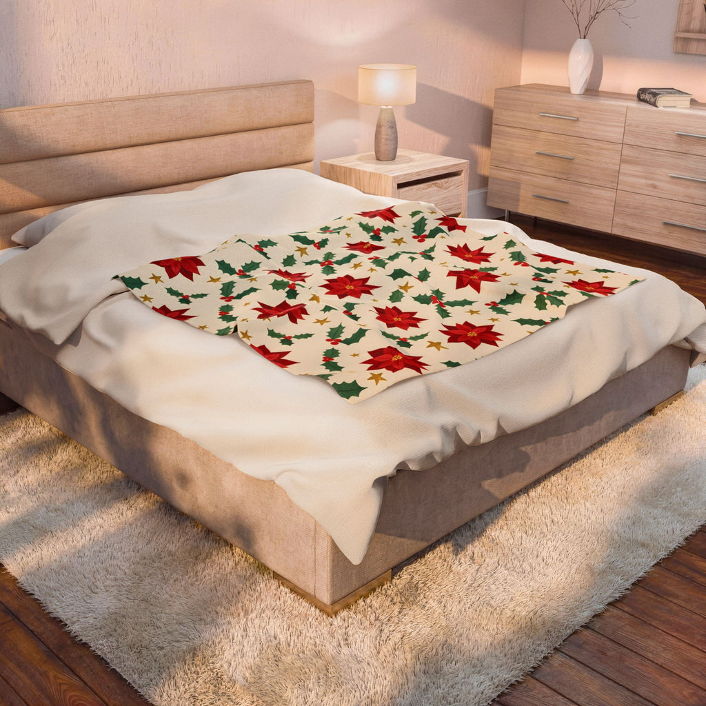 Christmas Poinsettia Pattern Velveteen Plush Blanket – Style 2