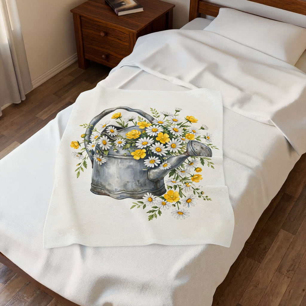 Daisies in a Watering Can Velveteen Plush Blanket