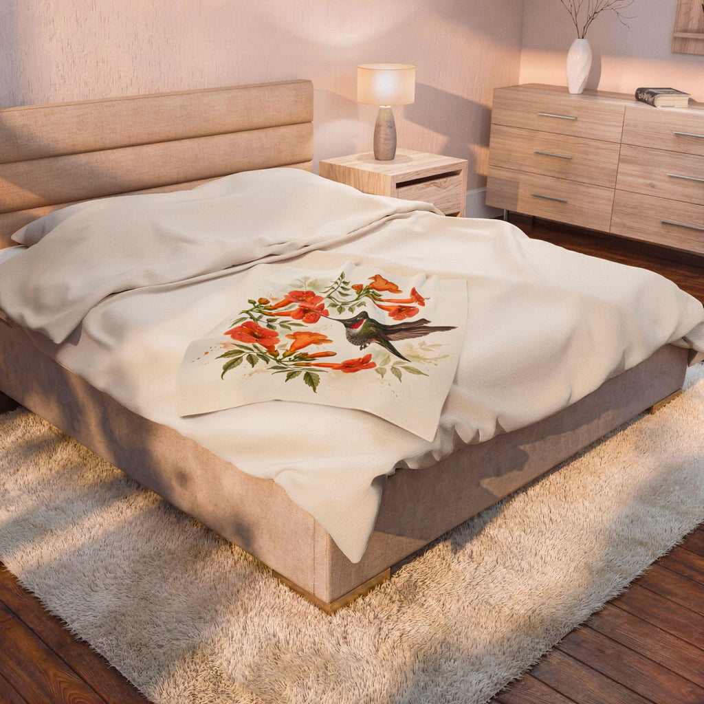 Hummingbird and Trumpet Flowers Velveteen Plush Blanket