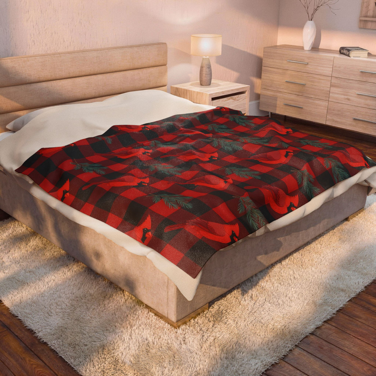 Cardinals and Buffalo Plaid Pattern Velveteen Plush Blanket – Style 2